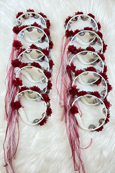 ZEYMERADE Bordo Süslü Gelin Nedime Kına Gecesi Sünnet Düğün Tefi, Üç Boyut Lazer Çiçek Ve Kurdele Süslü 5 Adet