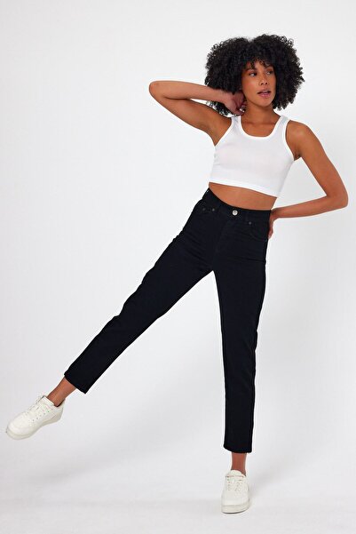 ModaDeniz Lycra-Free Denim Fabric Black High Waist Slim Mom Jeans