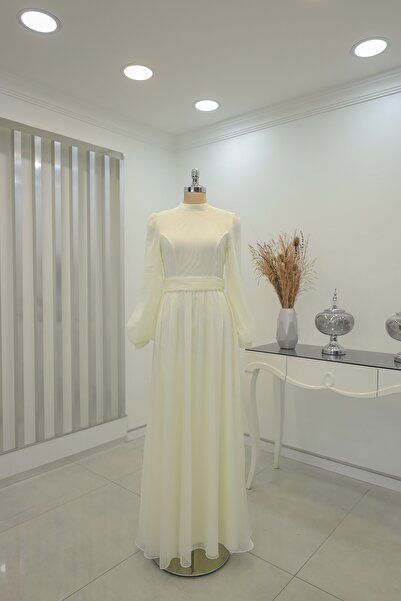 Rana Zenn Ekru Balon Kol Şifon Afra Abiye