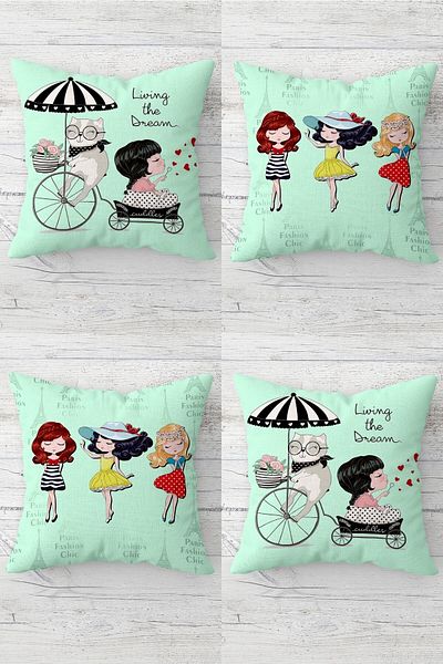 on the clouds Cute Friends and Cat Pattern Concealed Zippered Throw Pillow Cover Seat Pillow Cover Set(4PCS)