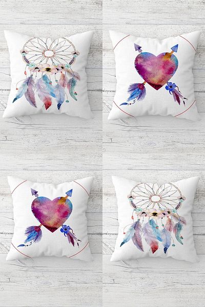 on the clouds Heart and Dream Catcher Patterned Concealed Zippered Throw Pillow Cover Seat Pillow Cover Set (4 PCS)