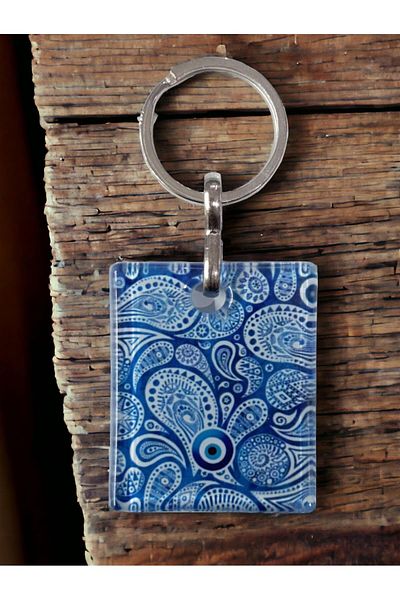 Mixperi Blue and White Keychain in Blue Colored Fusion Glass Material Gift Box