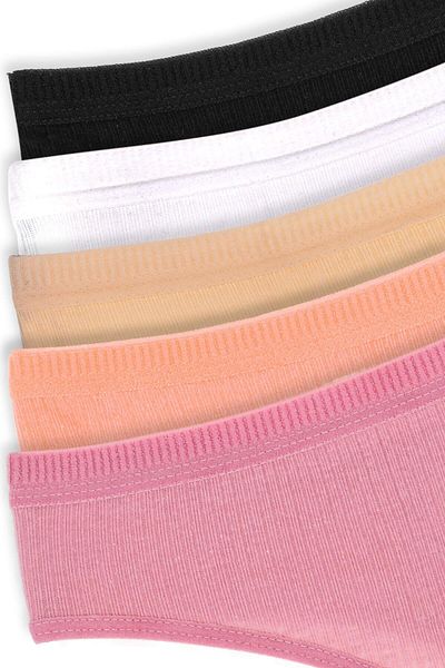 Humaone Pack of 5 Corded 100% Cotton Thong Panties Black, White, Skin, Dried Rose, Baby's Mouth