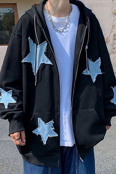 Köstebek Μπλουζάκι Blue Star Star Patch Y2K Μαύρο φούτερ με φερμουάρ με κουκούλα