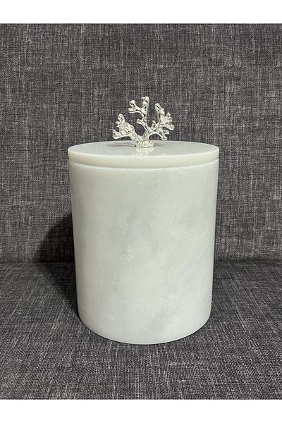 ATAY MERMER TASARIM White Marble Trash Can with Silver Coral Accessories