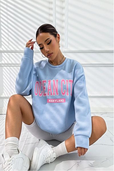 MODAGEN Hanorac de damă Baby Blue Ocean imprimat oversize cu gât crew