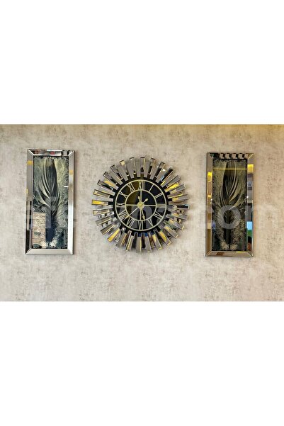 Efe Ayna PİYANO X- 3'LÜ BRONZ AYNA DUVAR SAATİ & TABLO-BÜYÜK(Duvar saati:83cm...