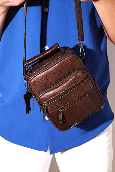 Jack Tonio Men's Adjustable Strap Brown Zippered Leather Handbag and Shoulder Bag