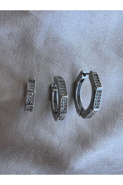 Venüs Accessory Stone Detailed Steel Hoop 3-Piece Earrings