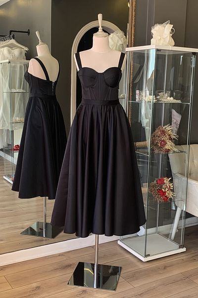 Lenta Moda Black Midi Length Satin Evening and Prom Dress
