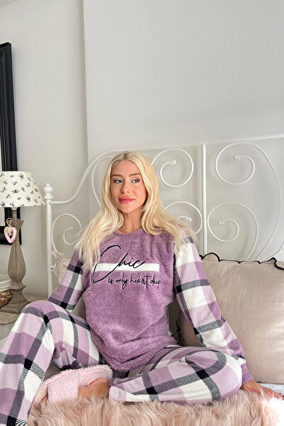 Pijamaevi Mor Deep Chic Desenli Kadın Peluş Pijama Takımı