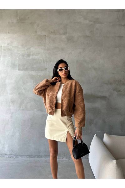 LB Laluna Butik Дамско бомбър яке с джобове, подплатено с букле плат