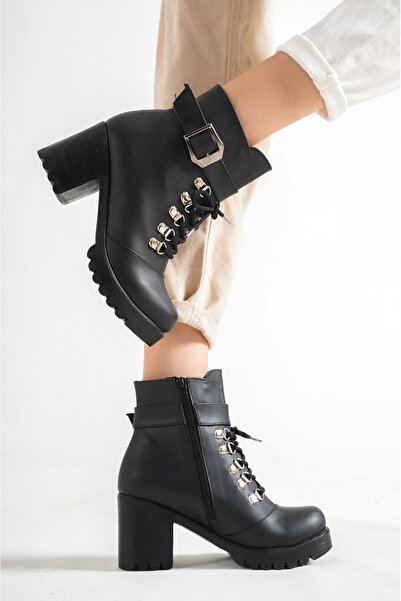 Weynes Μαύρες δερμάτινες γυναικείες μπότες με τακούνι με γάντζο Wsb10078