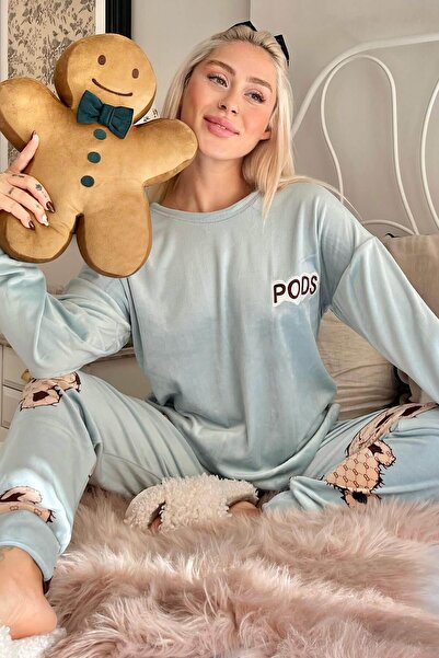 Pijamaevi Mavi Pods Desenli Exclusive Kadife Kadın Pijama Takımı
