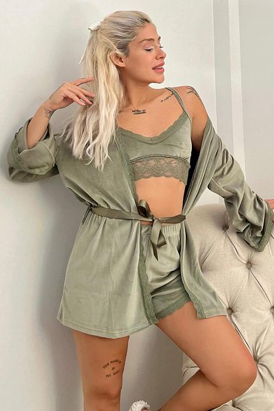 Pijamaevi Grünes Bustier, exklusives Damen-Pyjama-Set aus Samt mit Bademantel