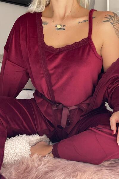 Pijamaevi Bordo Claret Exclusive Kadife Sabahlıklı Kadın Pijama Takımı