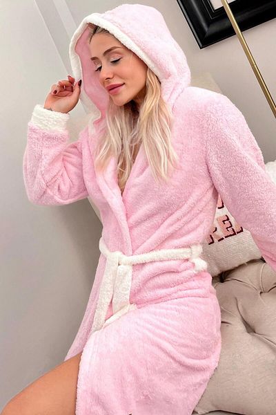 Pijamaevi Powder Pink Dreaming Patterned Hooded Plush Women's Dressing Gown