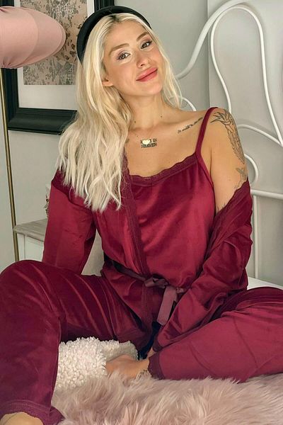 Pijamaevi Exkluzivní sametový dámský pyžamový set Burgundy Claret s županem