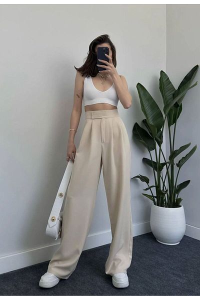 LAMİRAMOOD Pantaloni din stofă reglabili cu închidere cu velcro bej Neva, talie înaltă