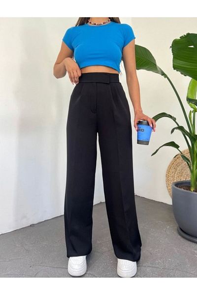 LAMİRAMOOD Pantaloni de pânză reglabili Neva negri cu închidere cu velcro, talie înaltă