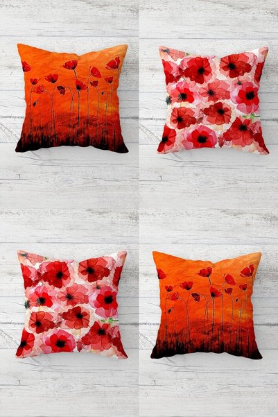 linazaitun Poppy Patterned Hidden Zippered Throw Pillow Cover Sofa Pillow Set...