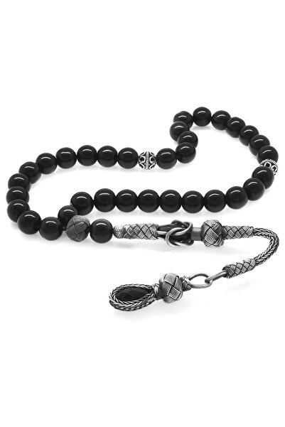 Tesbihane Χάντρες προσευχής από φυσική πέτρα από ονύχιο κομμένο σε σφαίρα με φούντα από ασήμι 1000