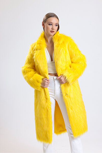 KürkZone KÜRKZONE BARBIE SERIES KADIN SARI UZUN TÜYLÜ KÜRK MANTO KABAN