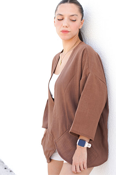 Catz Clothes Kadın Ceket + Kahve Vera Keten Short Kimono