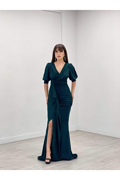 giyimmasalı Simli Kumaş Balık Model Volan Detaylı Abiye Elbise - ZÜMRÜT YEŞİL