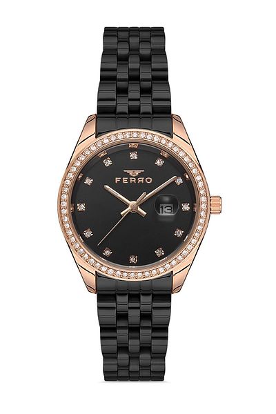 FERRO Women's Black Stone Wristwatch + Bracelet Gift