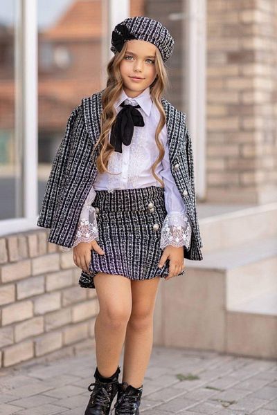 Riccotarz Girl's Scarf and Silver Button Detailed Tweed Blazer Jacket, Smoked Skirt Suit