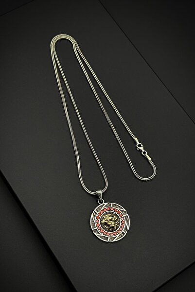 FRNCH 925 Ayar Gümüş Aslan Figürlü Zirkon Taşlı Gümüş Renk Erkek Kolye FRJ306...