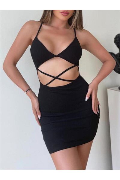 Planet Butik Black Window Detailed Mini Dress
