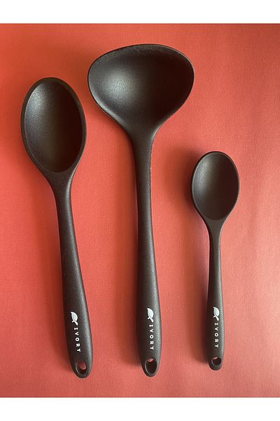 Multiamo Hard Tip Heat Resistant Fireproof Nonstick Silicone Spoon Set 3 Pieces 28cm/20cm Spoon 28cm Ladle