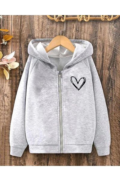 MORNİNG KİDS Girl's Hooded GRAY Minimal Heart Printed Zipper Cardigan