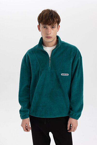 DeFacto Comfort Fit Bisiklet Yaka Baskılı Polar Sweatshirt