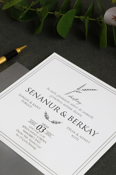 Pixel Davetiye Düğün Davetiyesi Gri 50 Adet Davetiye Gümüş Yaldızlı - Düğün - Nişan - Kına Sünnet Davetiyesi-8565