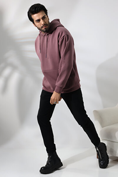 LoFiBuy Erkek K.Gül Kurusu Kapşonlu Baskısız Basic Oversize Relaxed Sweatshirt