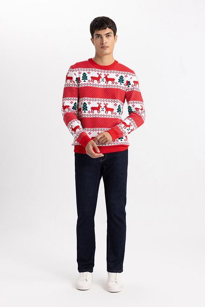 DeFacto New Year's Themed Standard Fit Regular Cut Patterned Crew Neck Knitwear Sweater B2361Ax23Wn