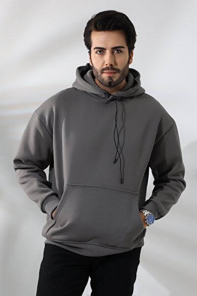LoFiBuy Erkek Antrasit Kapşonlu Baskısız Basic Oversize Relaxed Sweatshirt