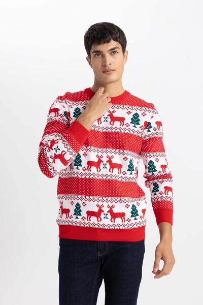 DeFacto Újévi témájú, normál szabású, normál szabású, mintás nyakú kötöttáru pulóver B2361ax23wn