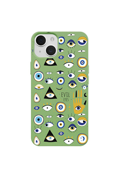 Casen iPhone 14 Silikon Özel Tasarım Nazar Evil Eyes Üçgen Gözler Yeşil Renkl...