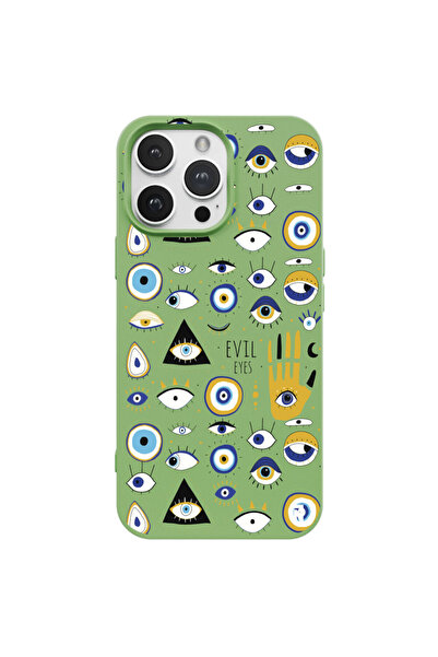 Casen iPhone 14 Pro Max Silikon Özel Tasarım Nazar Evil Eyes Üçgen Gözler Yeş...