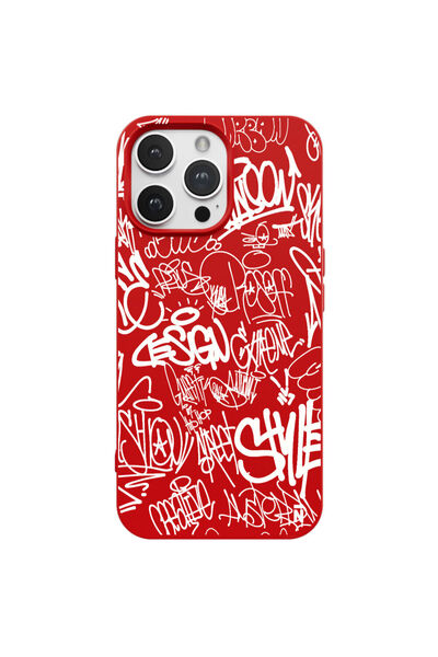 Casen iPhone 14 Pro Max Silikon Urban Grafiti Yazılı Tarz Style Kırmızı Renkli Telefon Kılıfı