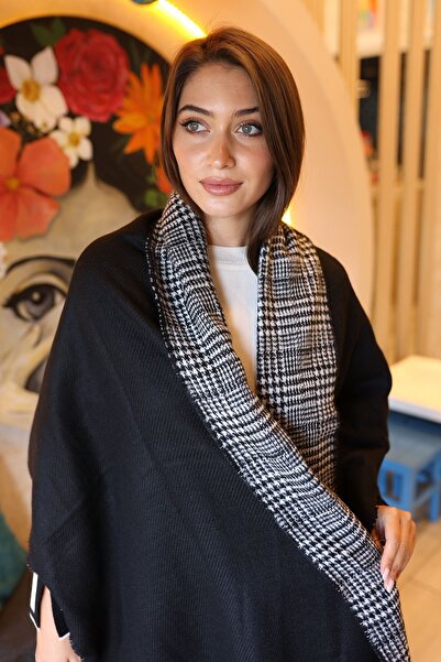 REMSA Çift Taraflı Kazayağı Desenli Atkı Omuz Şalı 70X185 cm 1212 Siyah