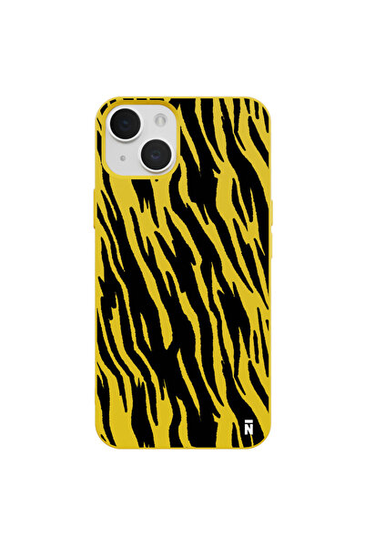 Casen iPhone 14 Silikon Özel Tasarım Kaplan Çizgisi Desenli Sarı Renkli Telef...
