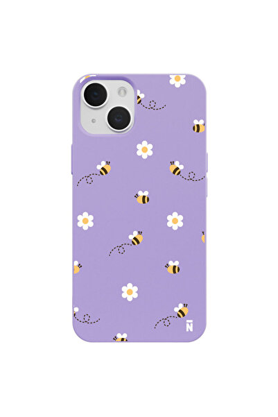 Casen iPhone 13 Mini Silikon Özel Tasarım Arı ve Papatya Desenli Sevimli Lila...