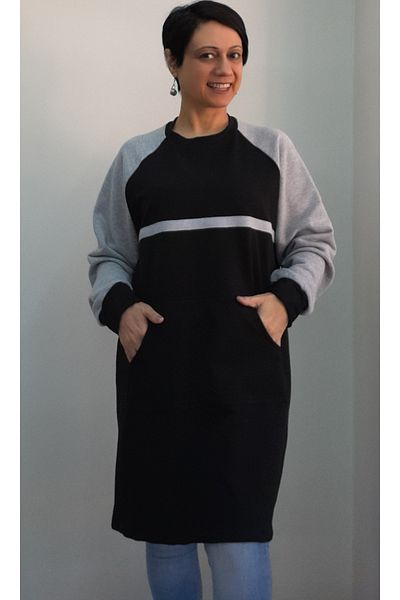 Mertcan Butik Μαύρο μανίκι ρεγκλάν γκρι χρώμα και λεπτομέρεια ρίγες τσέπη καγκουρό 2 κλωστών εποχιακό πλεκτό φούτερ τουνίκ