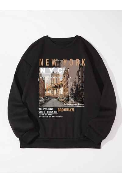 Revasser Унисекс дамски/мъжки памучен суитшърт New York NYC с голям размер и кръгло деколте