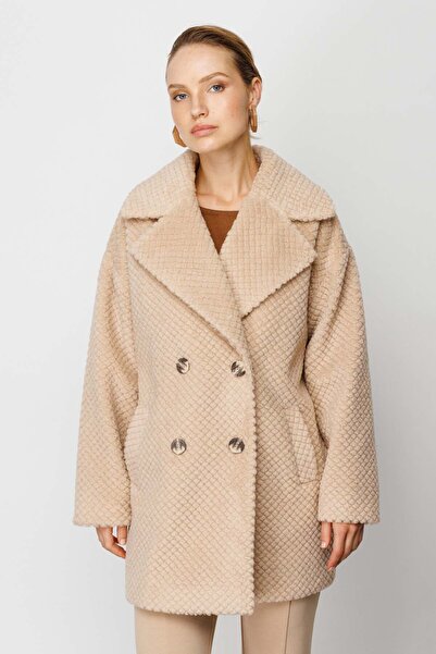 Ekol Women's Square Patterned Coat 6093 Camel
